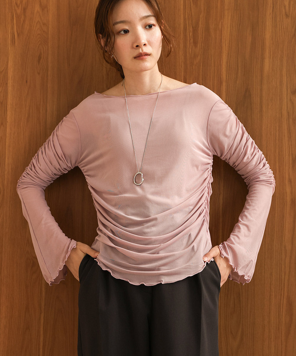 チュールギャザーフレアースリーブトップス