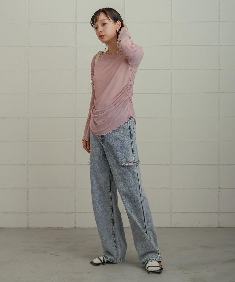 チュールギャザーフレアースリーブトップス