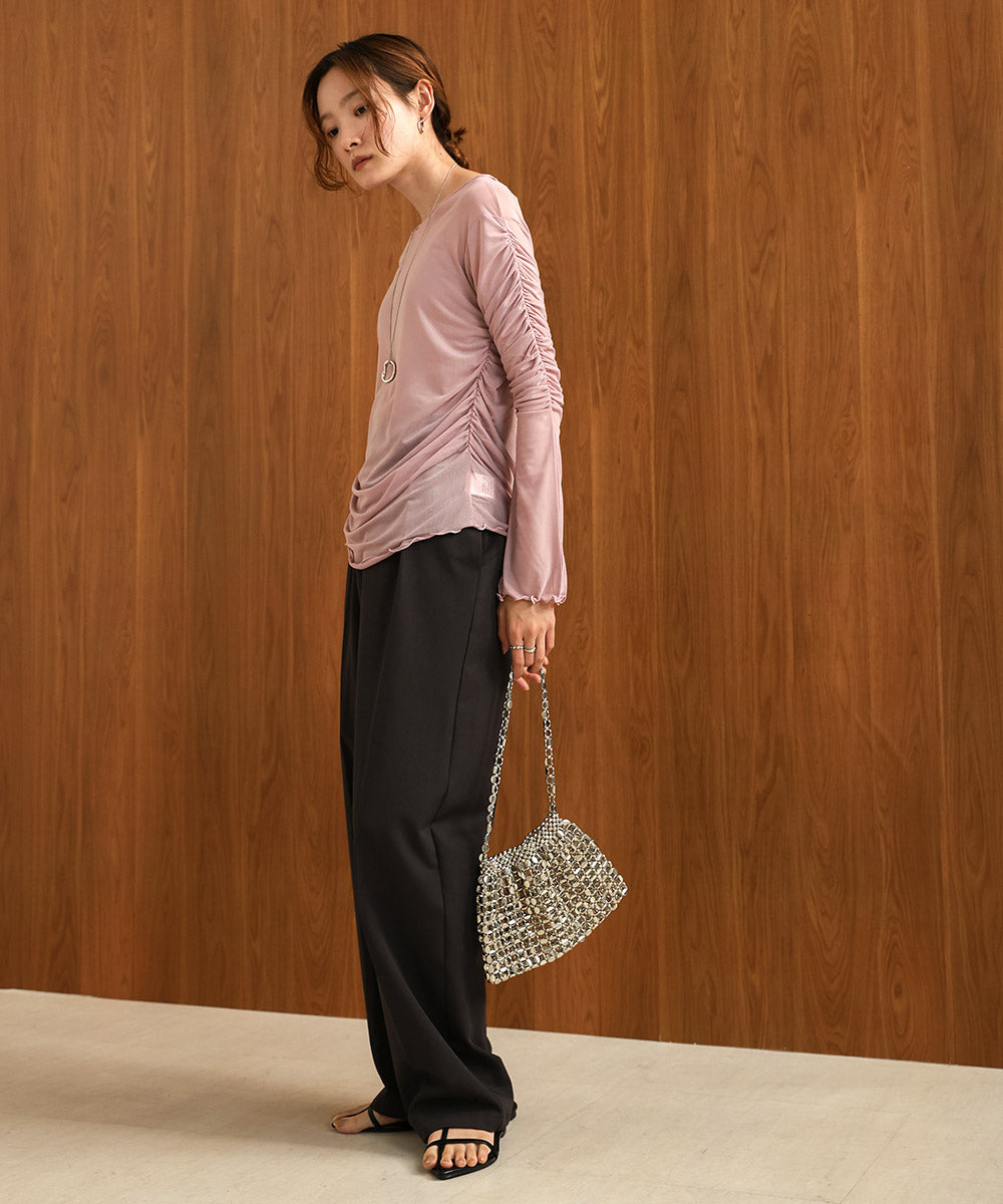 チュールギャザーフレアースリーブトップス