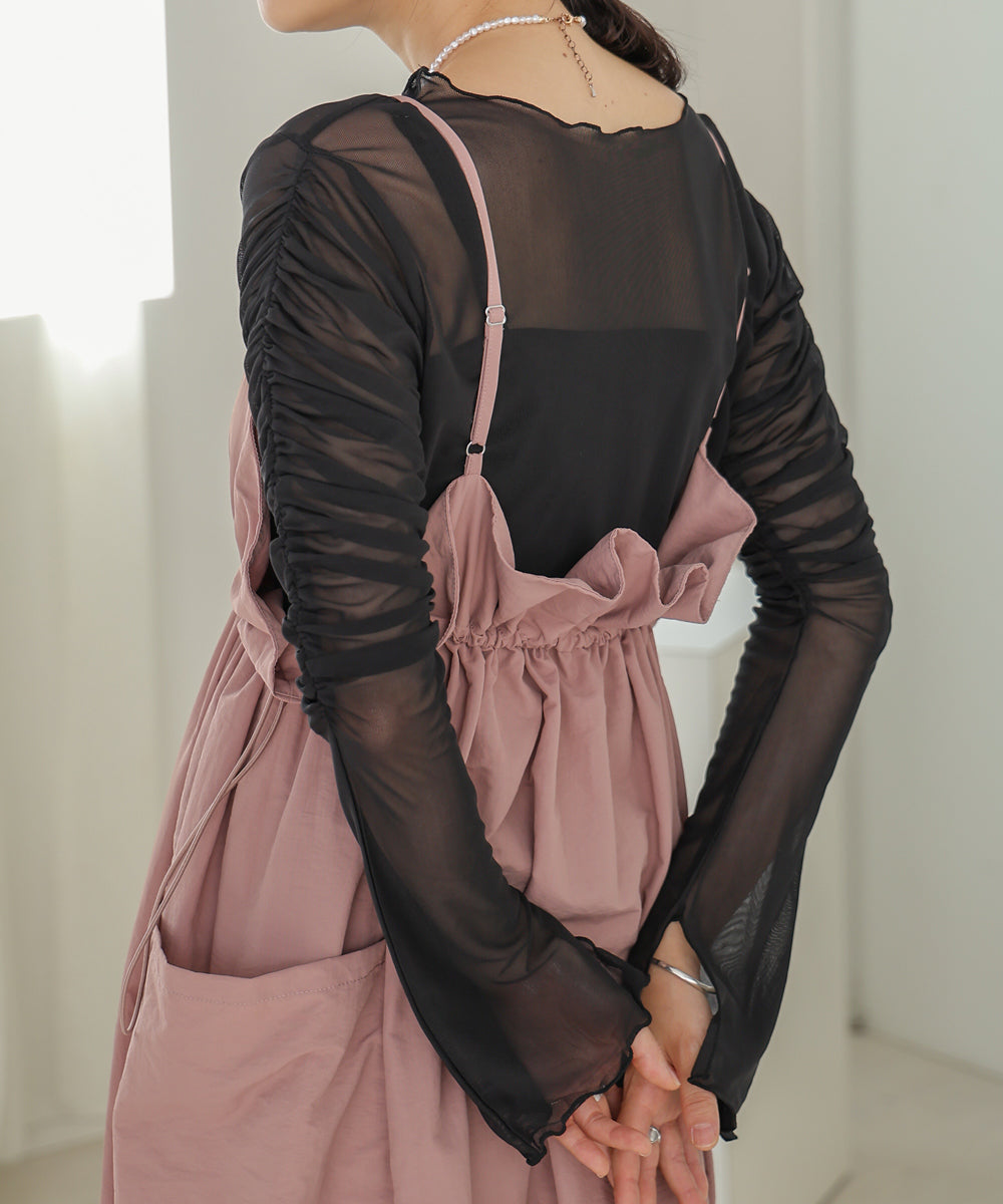 チュールギャザーフレアースリーブトップス