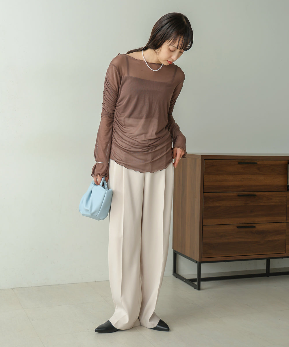 チュールギャザーフレアースリーブトップス