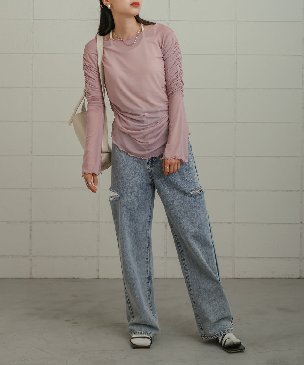 チュールギャザーフレアースリーブトップス