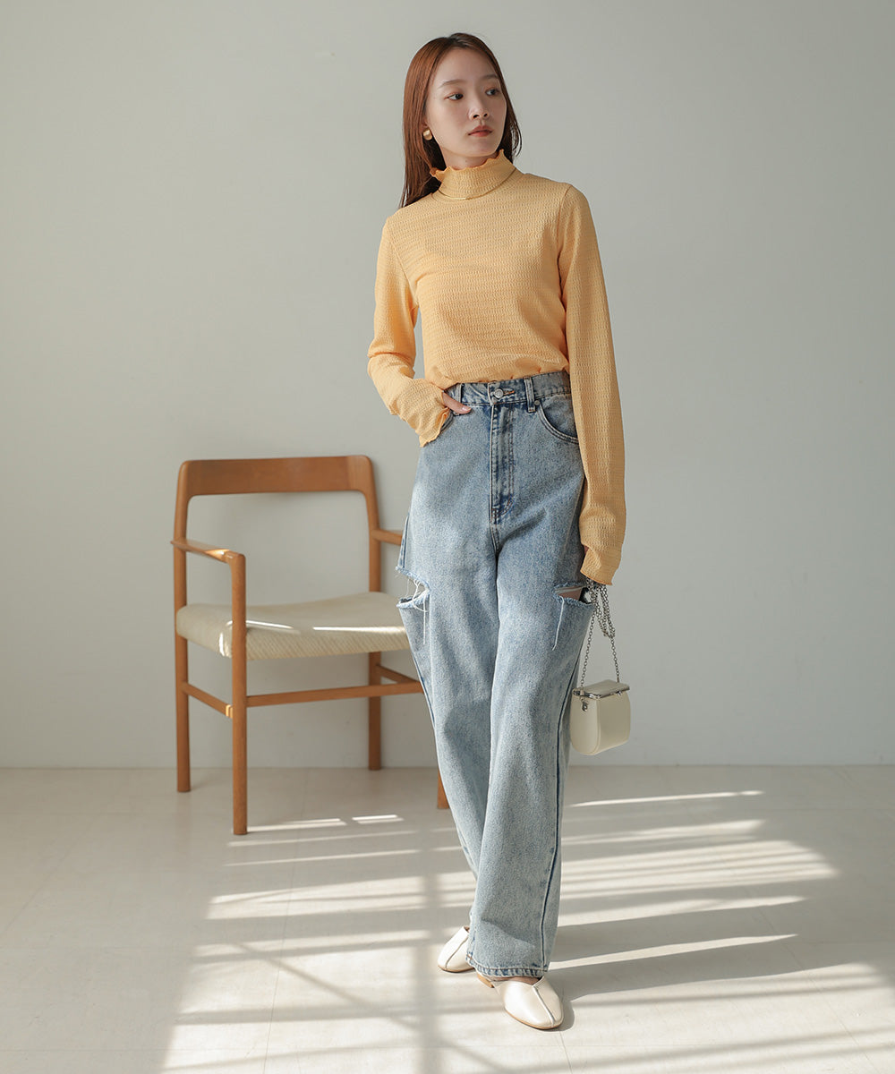 Bab ハイネック指ぬき刺繍カットソー