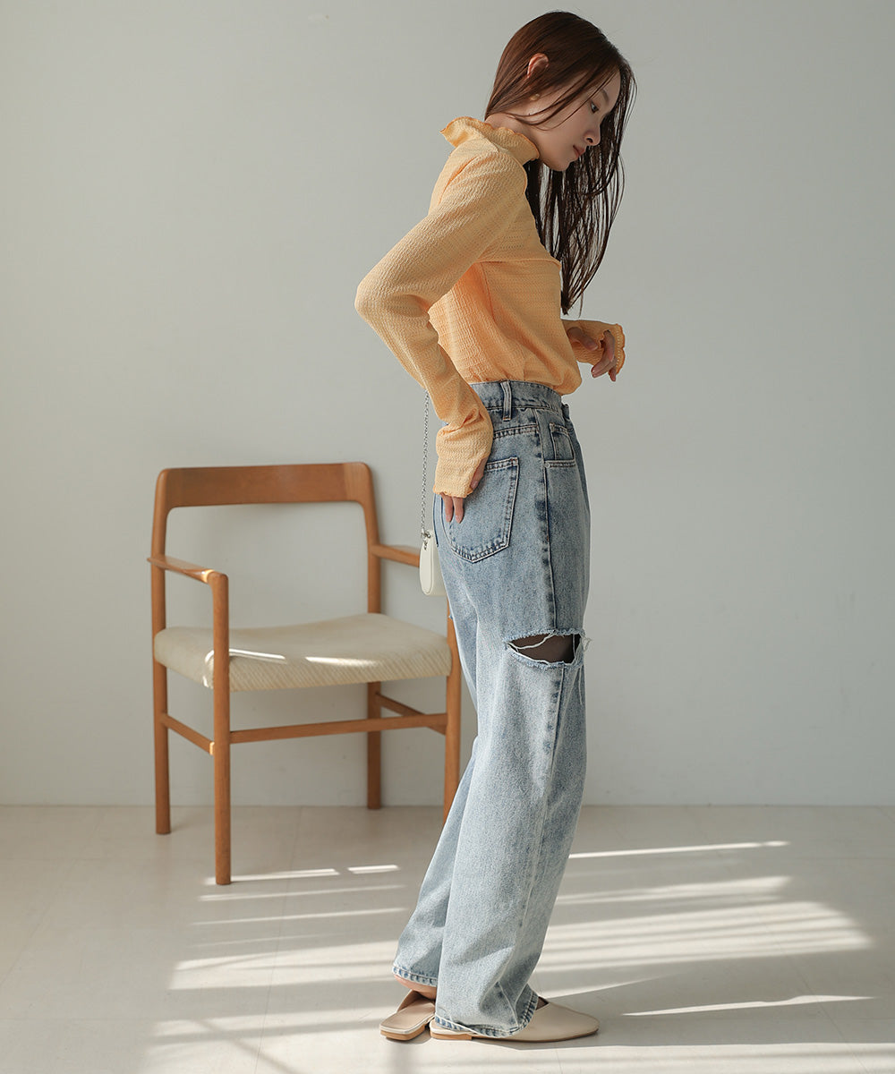 Bab ハイネック指ぬき刺繍カットソー