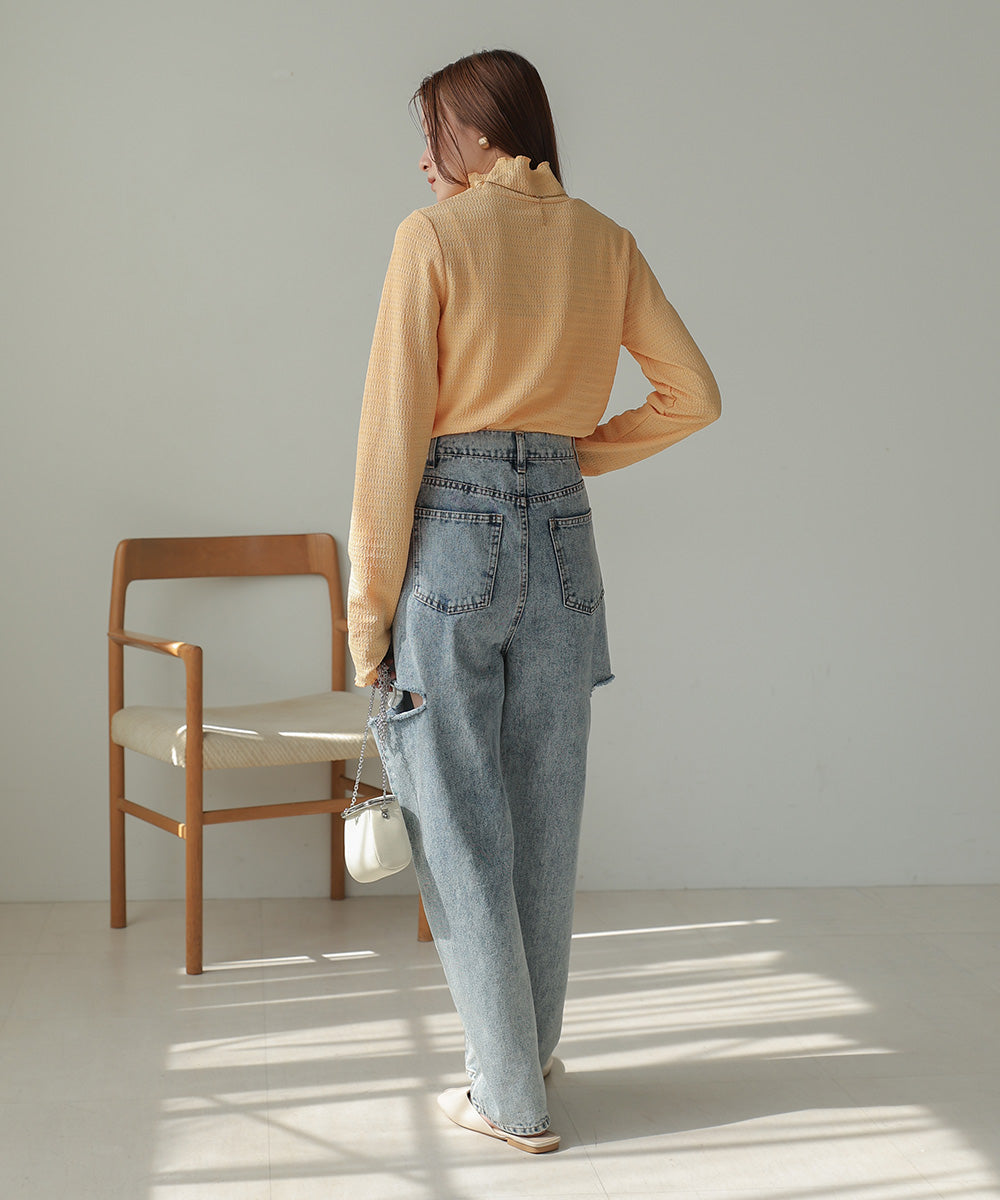 Bab ハイネック指ぬき刺繍カットソー