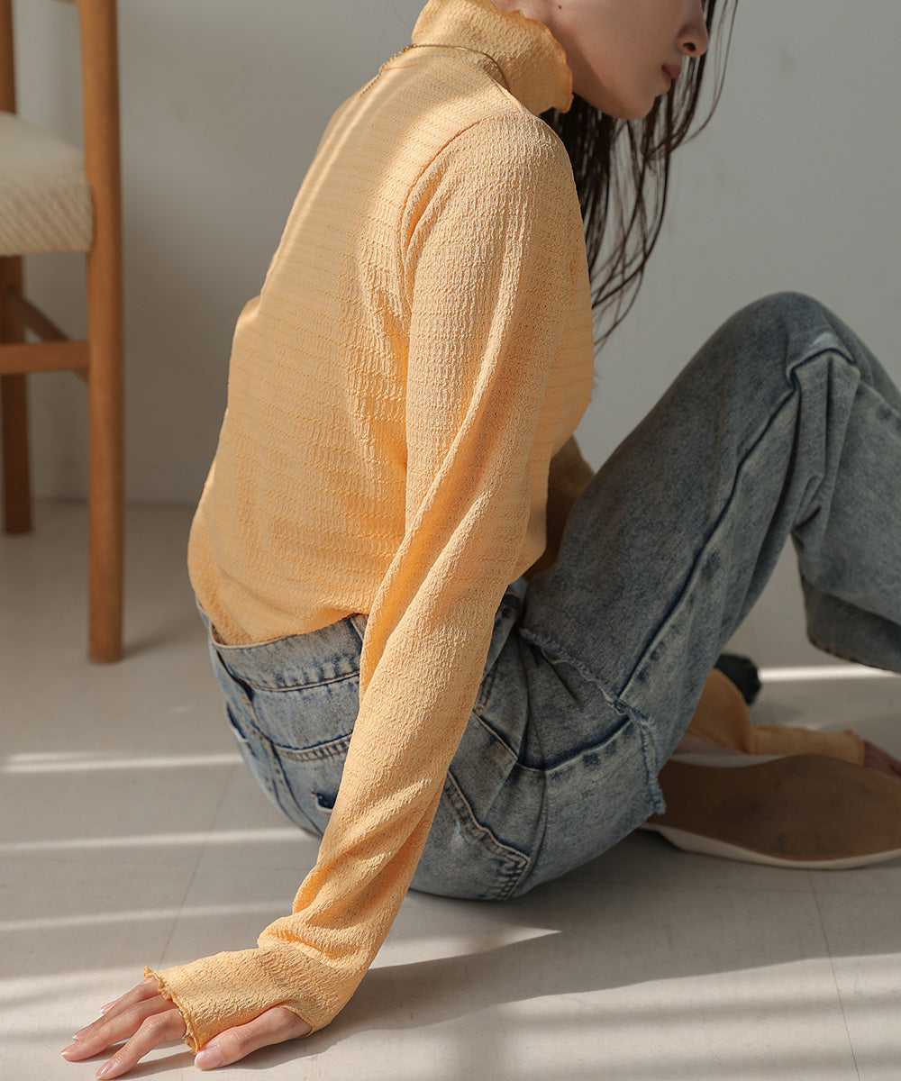 Bab ハイネック指ぬき刺繍カットソー