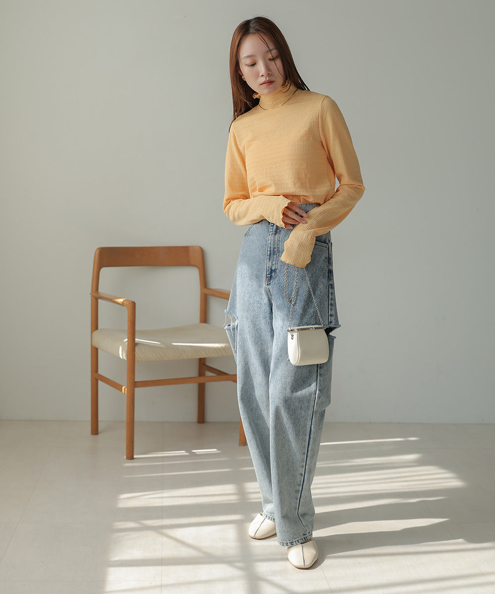 Bab ハイネック指ぬき刺繍カットソー