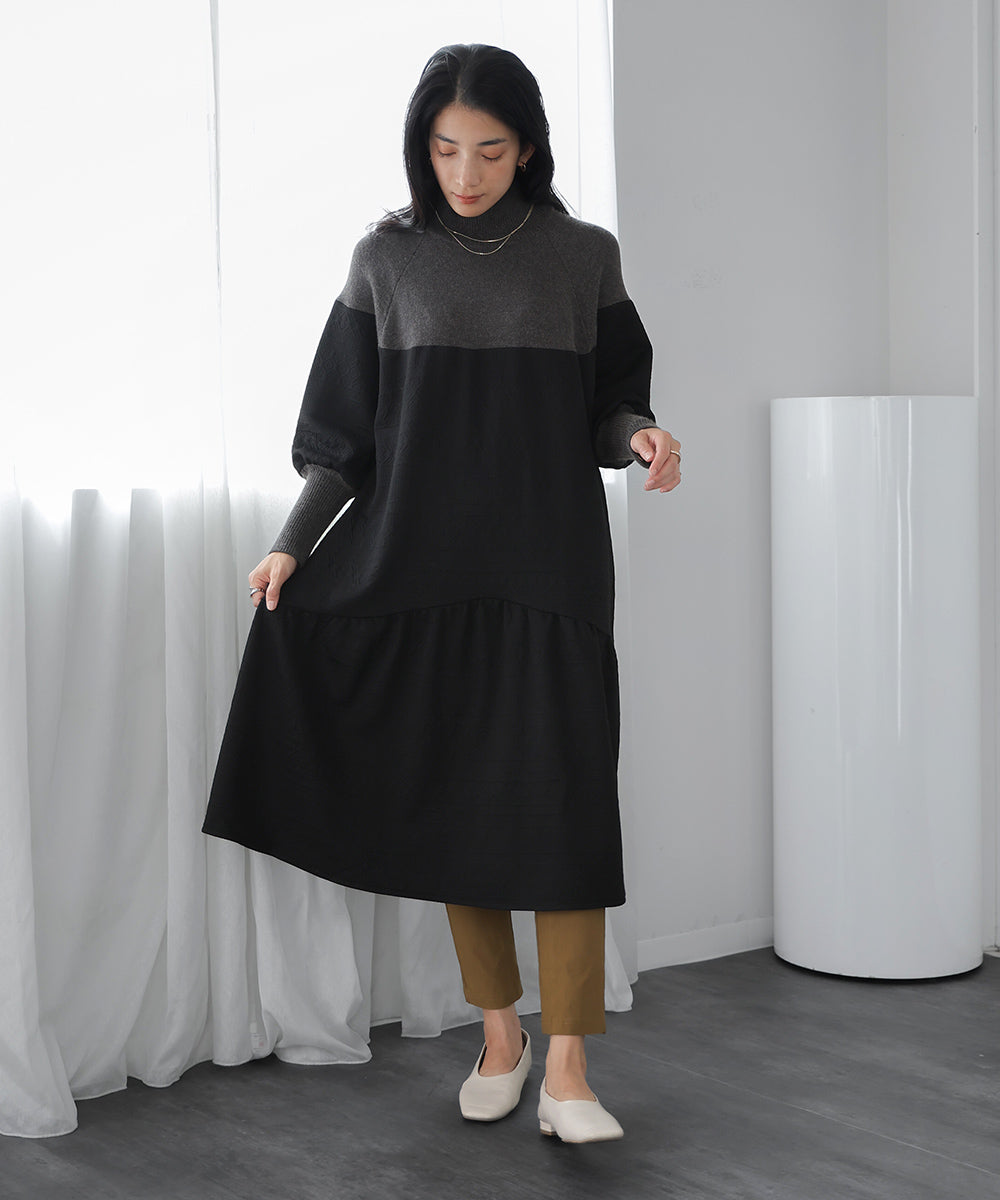 膨れジャガードドッキングニットワンピース