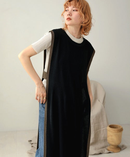 Bab 配色ニットロングベスト
