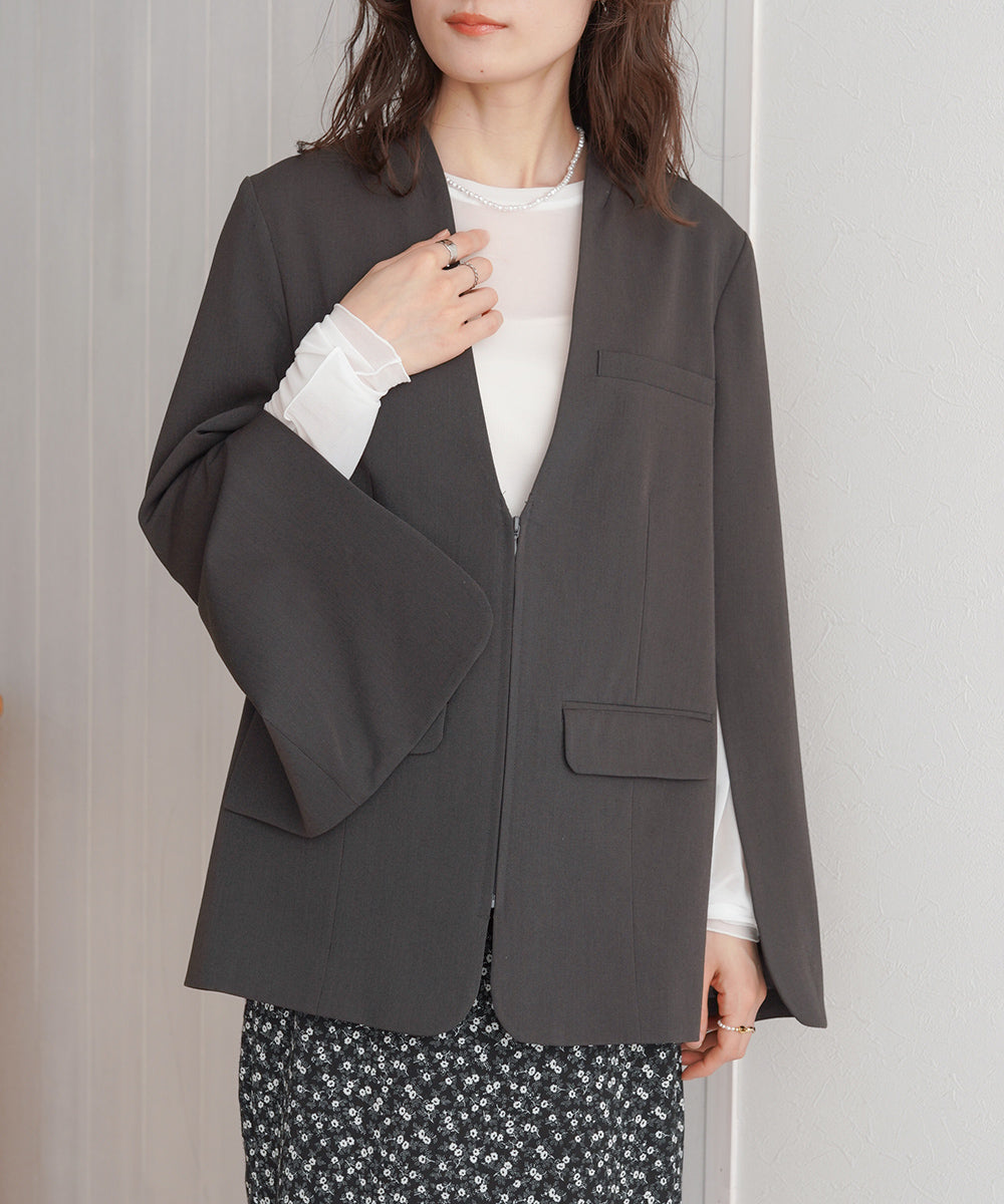 【オケージョンドレス/結婚式/2サイズ展開/SET ITEM/インナー付き/裏地付き】袖スリットジャケット