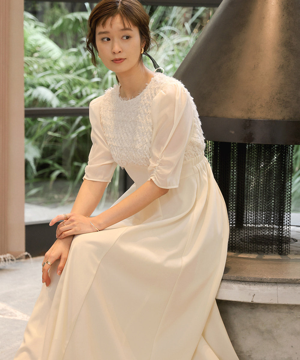 【オケージョンドレス/結婚式/2サイズ展開/SET ITEM/インナー付き/裏地付き】シャギー切替フレアーラインワンピース