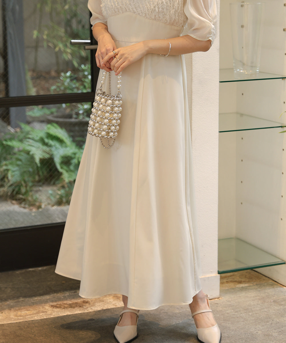 【オケージョンドレス/結婚式/2サイズ展開/SET ITEM/インナー付き/裏地付き】シャギー切替フレアーラインワンピース