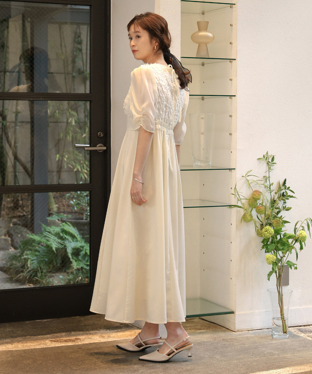 【オケージョンドレス/結婚式/2サイズ展開/SET ITEM/インナー付き/裏地付き】シャギー切替フレアーラインワンピース