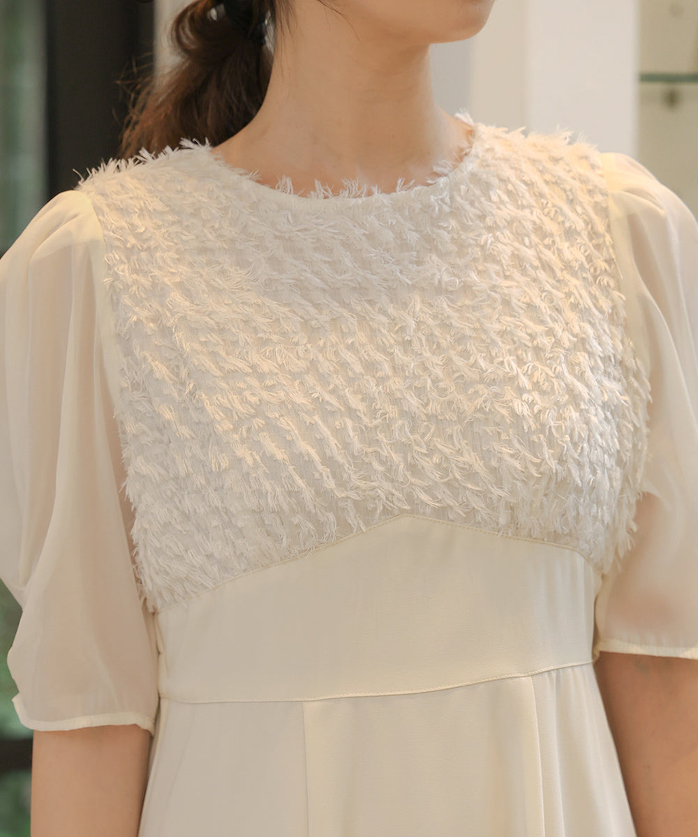 【オケージョンドレス/結婚式/2サイズ展開/SET ITEM/インナー付き/裏地付き】シャギー切替フレアーラインワンピース