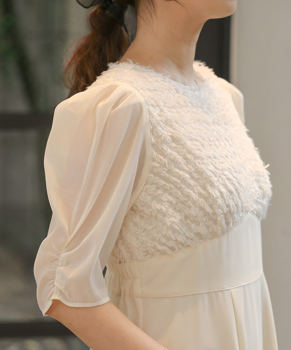 【オケージョンドレス/結婚式/2サイズ展開/SET ITEM/インナー付き/裏地付き】シャギー切替フレアーラインワンピース
