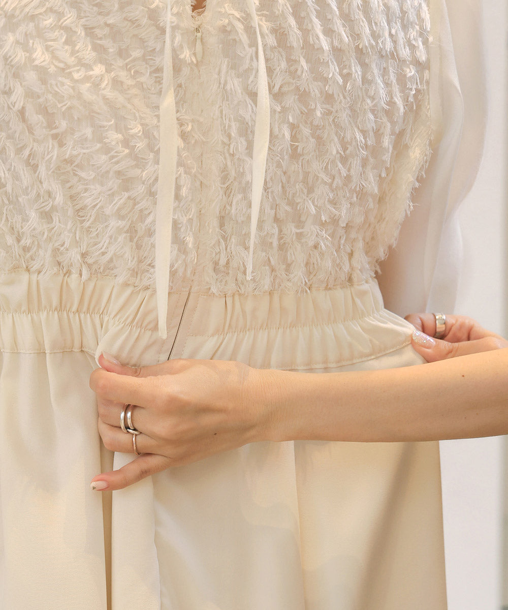 【オケージョンドレス/結婚式/2サイズ展開/SET ITEM/インナー付き/裏地付き】シャギー切替フレアーラインワンピース