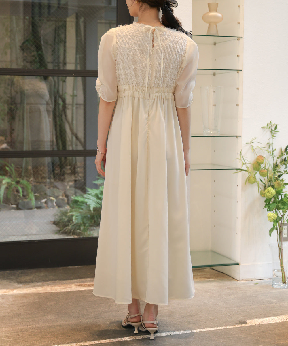 【オケージョンドレス/結婚式/2サイズ展開/SET ITEM/インナー付き/裏地付き】シャギー切替フレアーラインワンピース