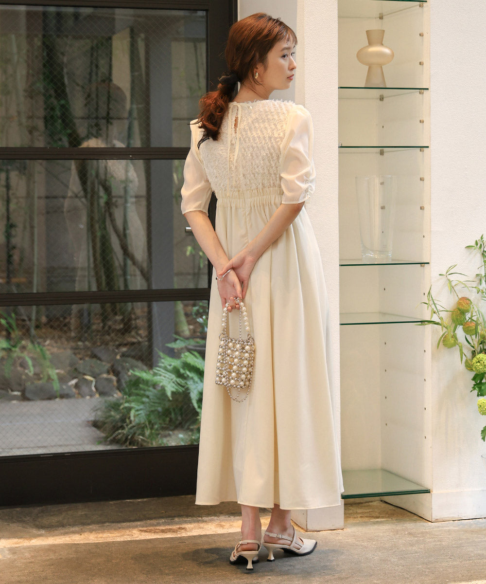【オケージョンドレス/結婚式/2サイズ展開/SET ITEM/インナー付き/裏地付き】シャギー切替フレアーラインワンピース