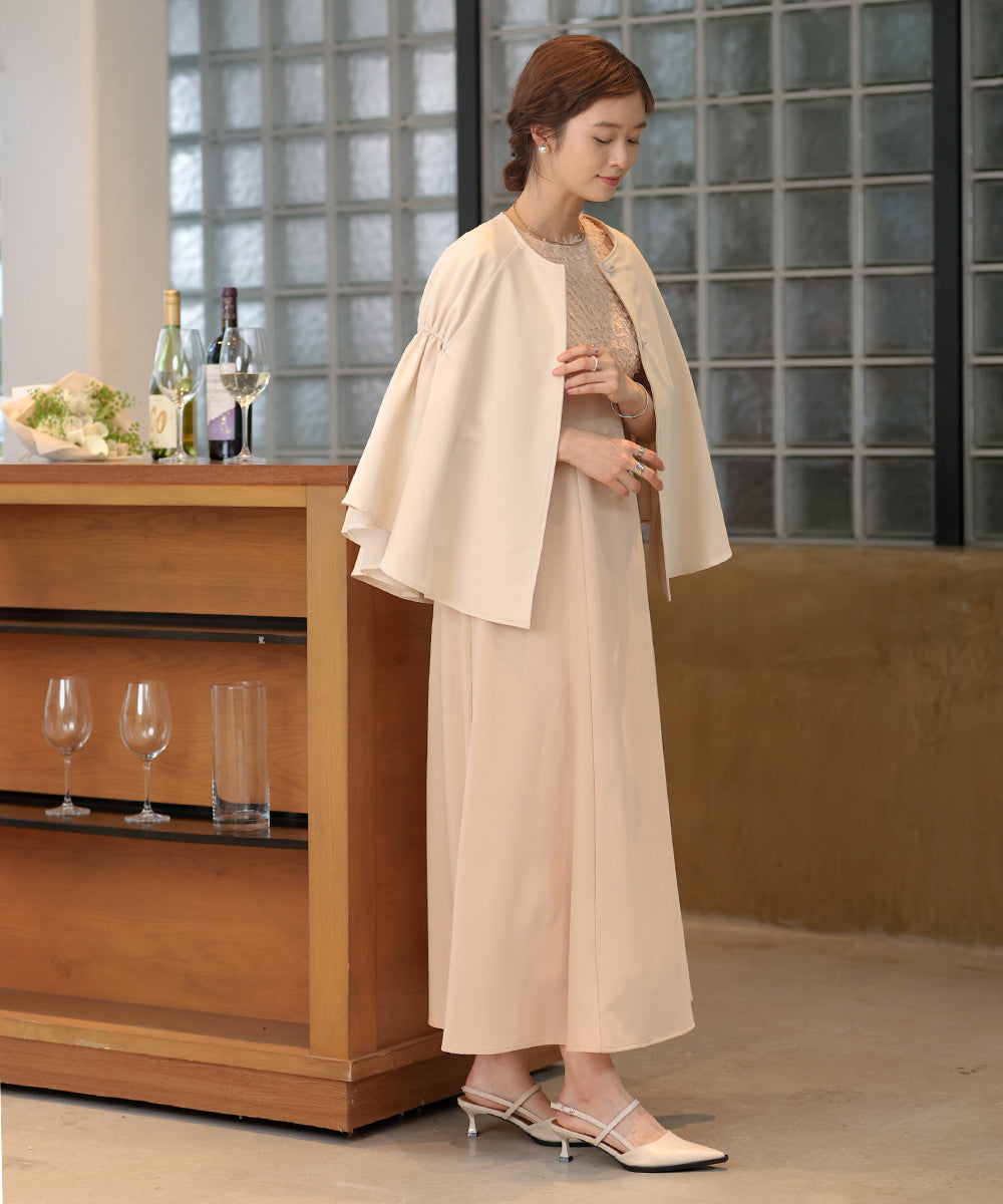 【オケージョンドレス/結婚式/2サイズ展開/SET ITEM/インナー付き/裏地付き】シャギー切替フレアーラインワンピース