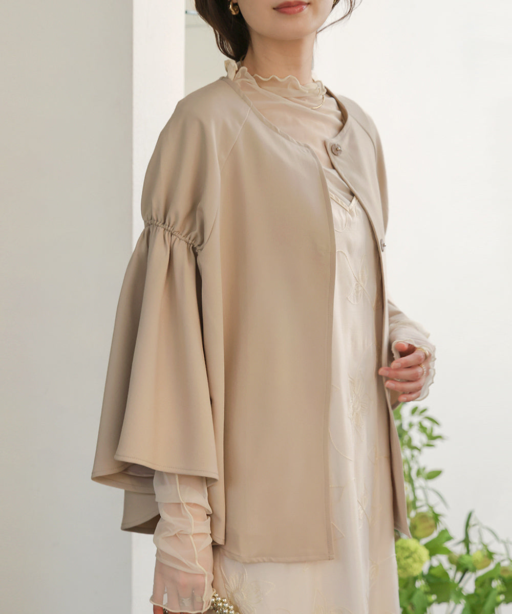 AMERI 2WAY CAPE PUFF SLEEVE COAT 点か ケープ ノーカラー ストライプ 
