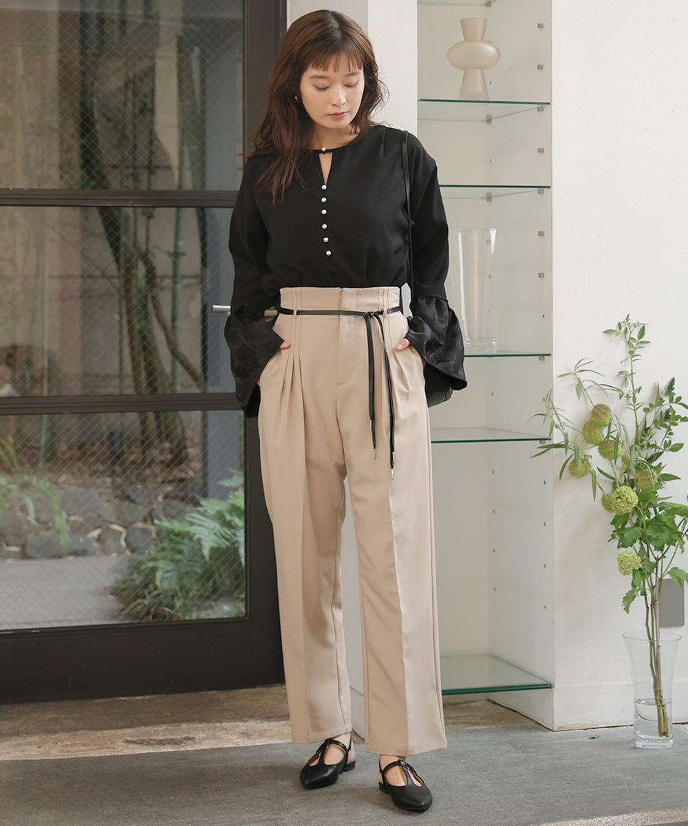 【オケージョンドレス/結婚式/2サイズ展開/SET ITEM/インナー付き/裏地付き】ベルト付きハイウエストスラックス
