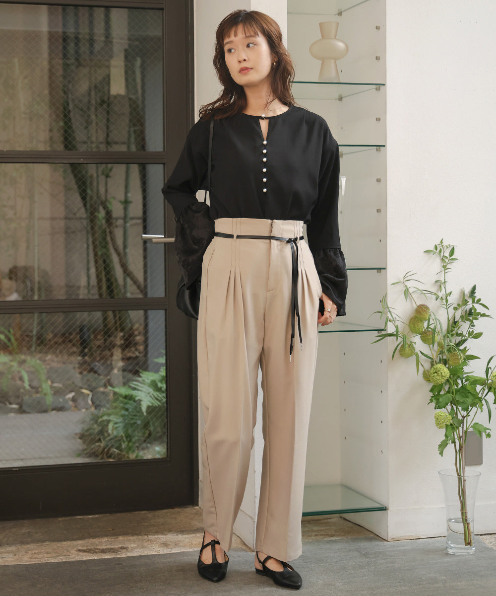 【オケージョンドレス/結婚式/2サイズ展開/SET ITEM/インナー付き/裏地付き】ベルト付きハイウエストスラックス
