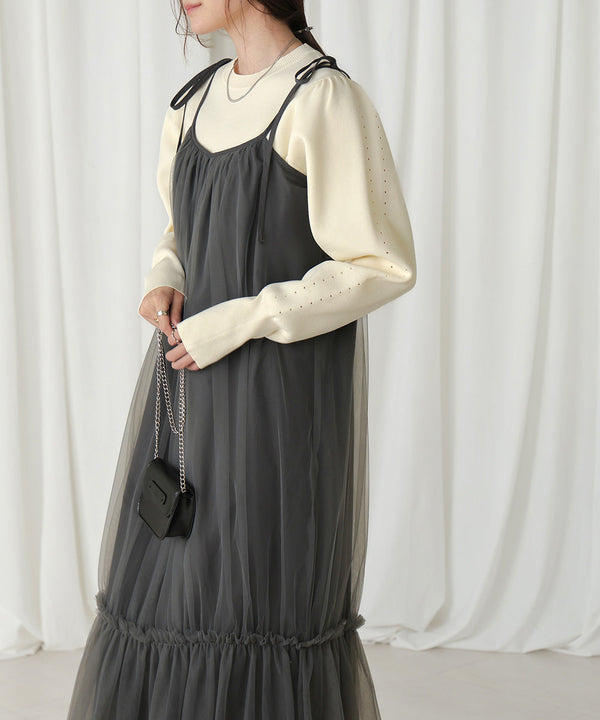 スウェットライクウエスト切替ニットトップス