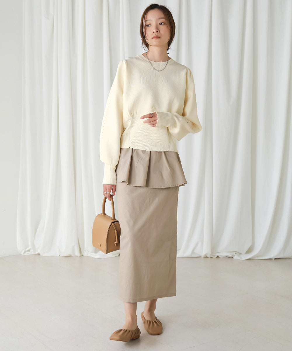 スウェットライクウエスト切替ニットトップス