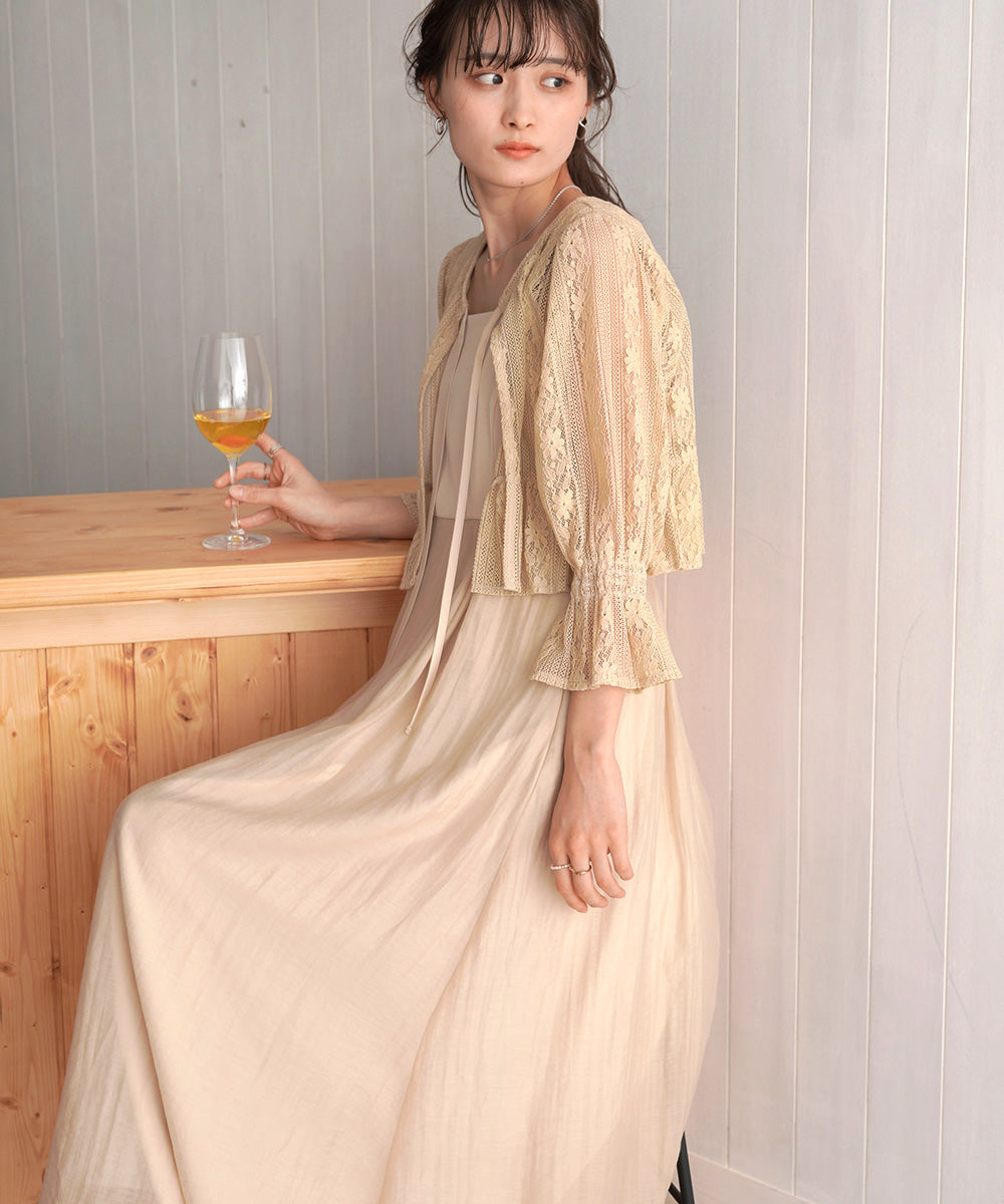 【オケージョンドレス/結婚式/2サイズ展開/SET ITEM/インナー付き/裏地付き】レースボレロ+キャミワンピースSET