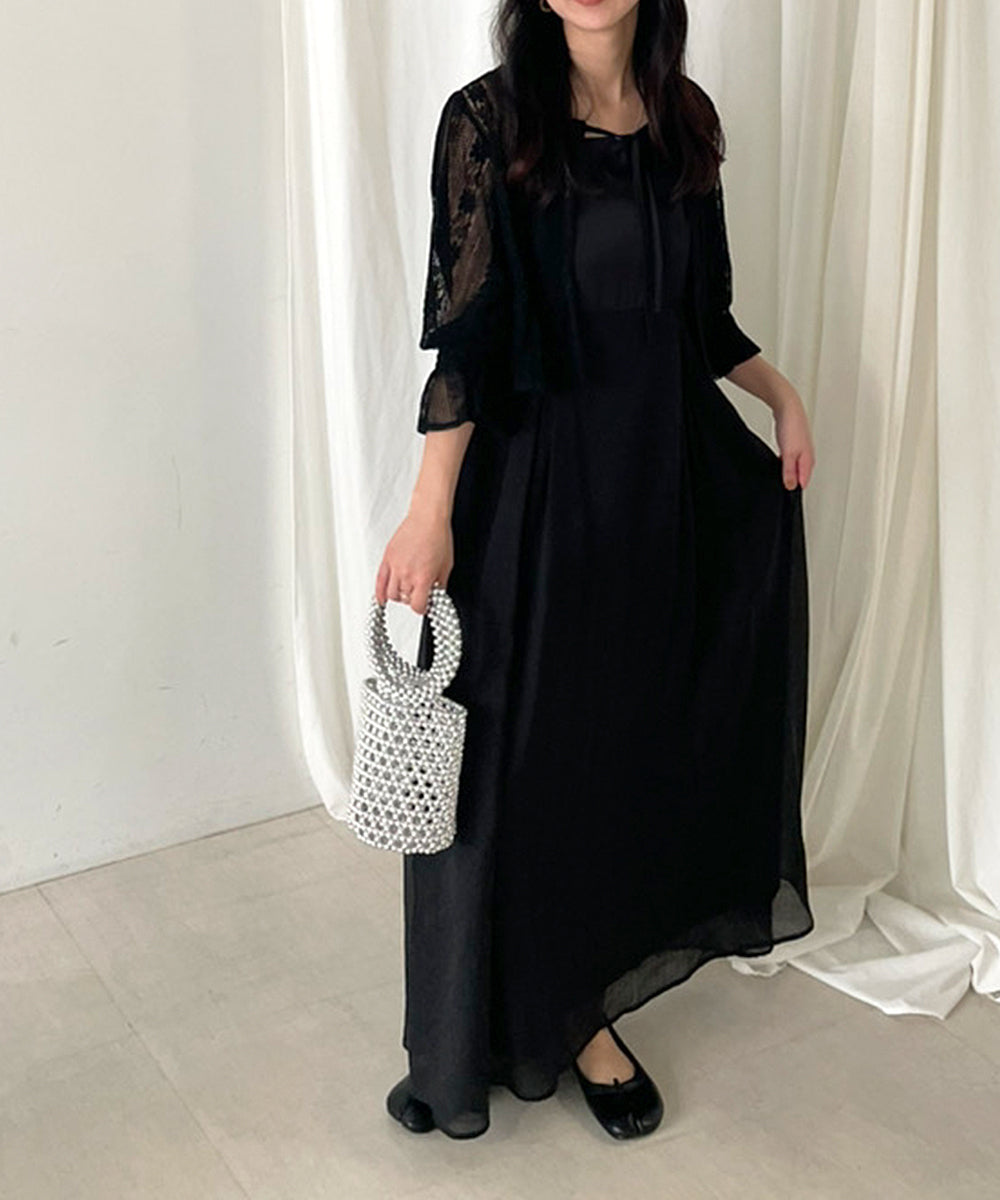 【オケージョンドレス/結婚式/2サイズ展開/SET ITEM/インナー付き/裏地付き】レースボレロ+キャミワンピースSET