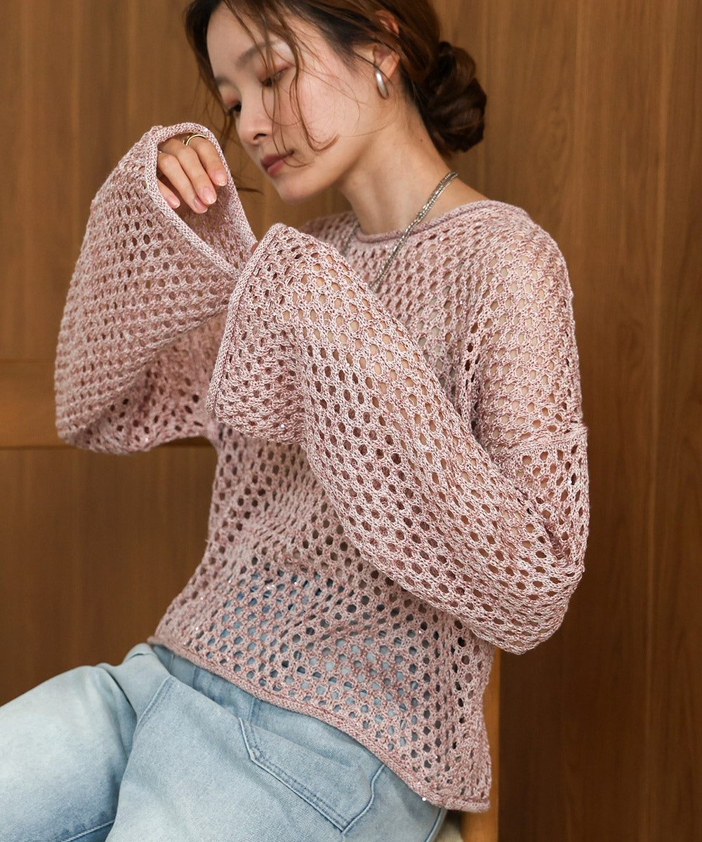 【セットアップ対応】スパンコールメッシュニット