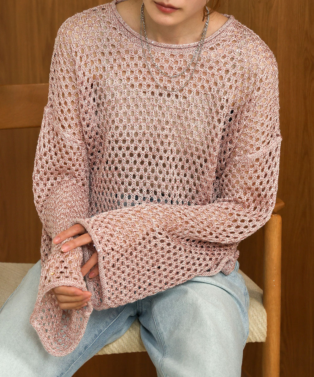 【セットアップ対応】スパンコールメッシュニット