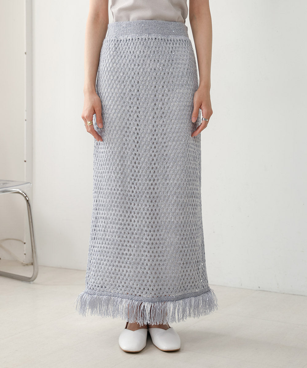 SEQUINED MESH FRINGE SKIRT