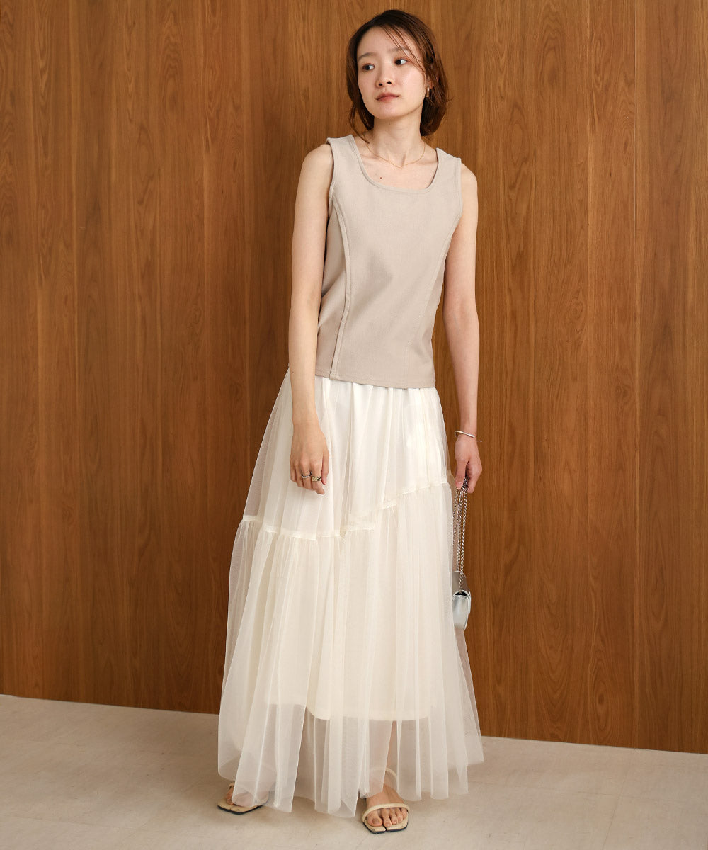 【S・M 展開】スクエアネックタックデザインタンクトップ