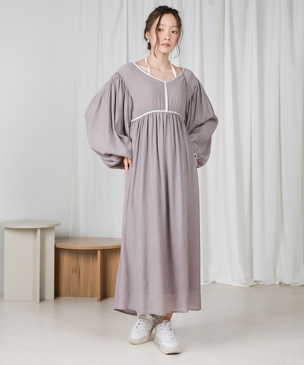 【低身長向けサイズあり】袖ボリュームパイピングワンピース