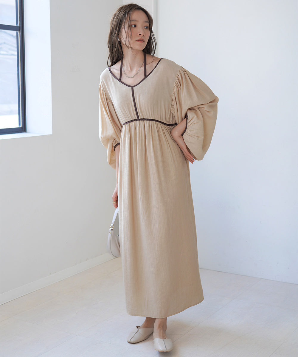 【低身長向けサイズあり】袖ボリュームパイピングワンピース
