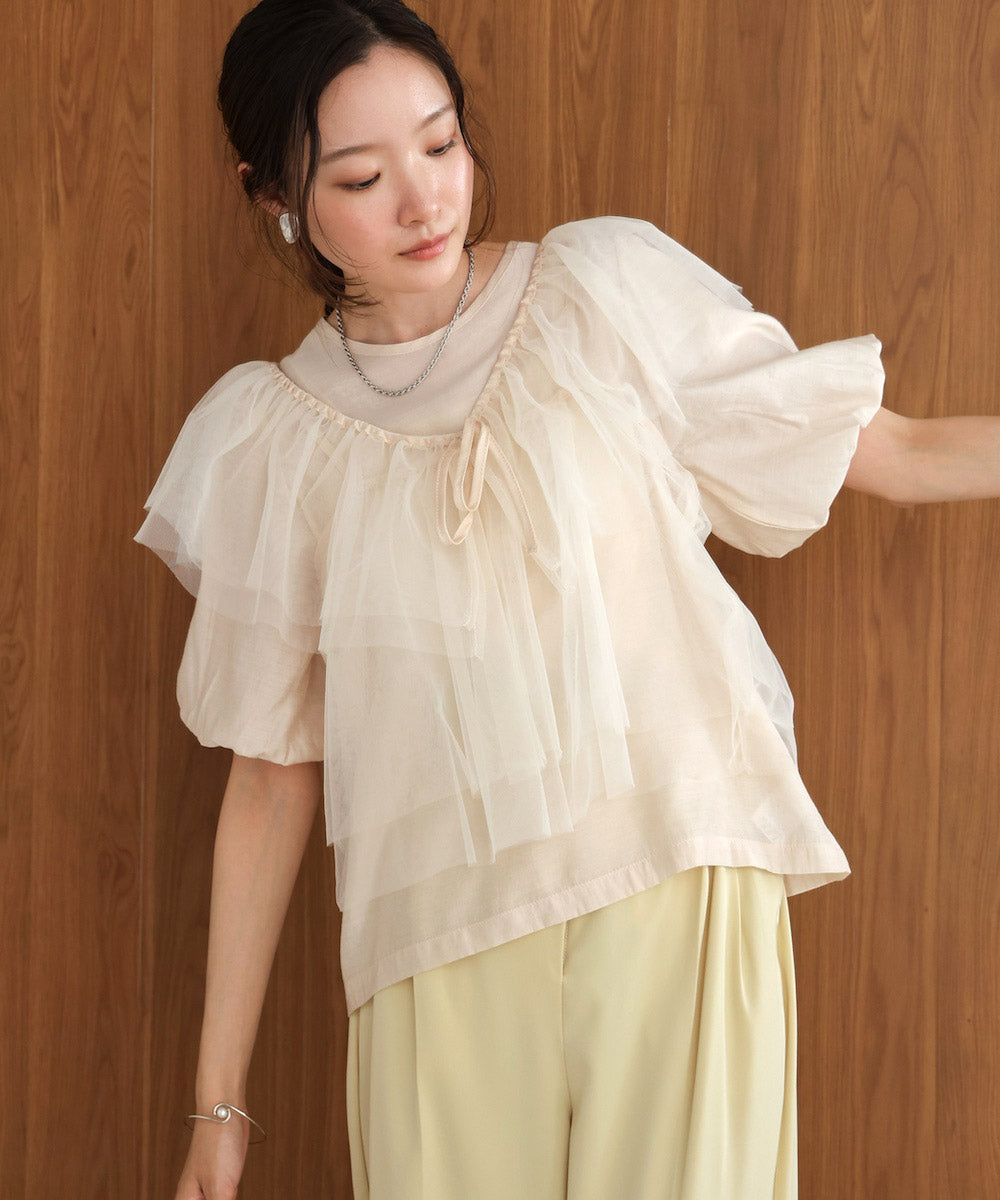 【2点セット】チュールビスチェ+ボリュームスリーブブラウスセット