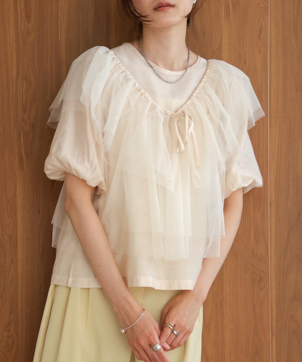 【2点セット】チュールビスチェ+ボリュームスリーブブラウスセット