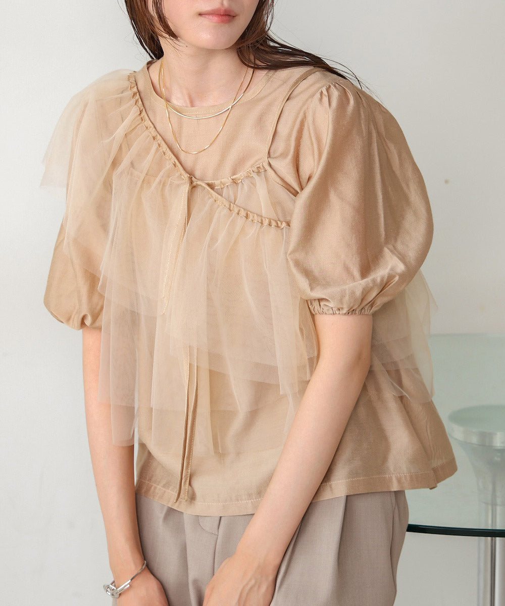 【2点セット】チュールビスチェ+ボリュームスリーブブラウスセット