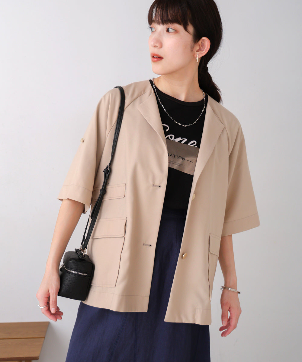 ノーカラーハーフスリーブジャケット