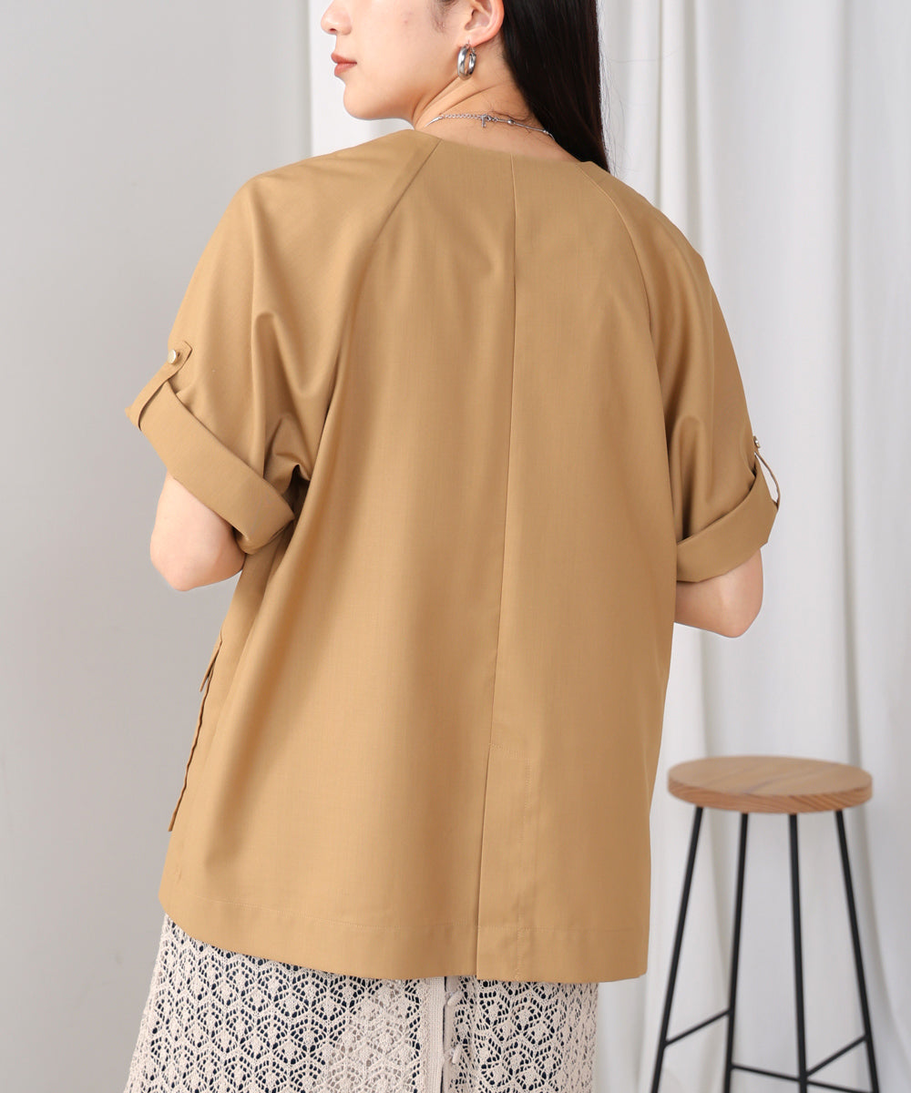 ノーカラーハーフスリーブジャケット