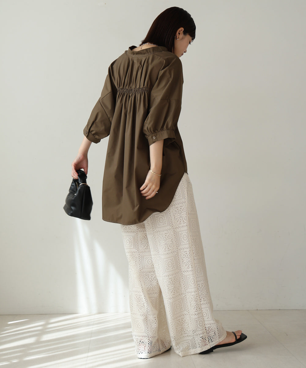 バックギャザー5分袖トップス