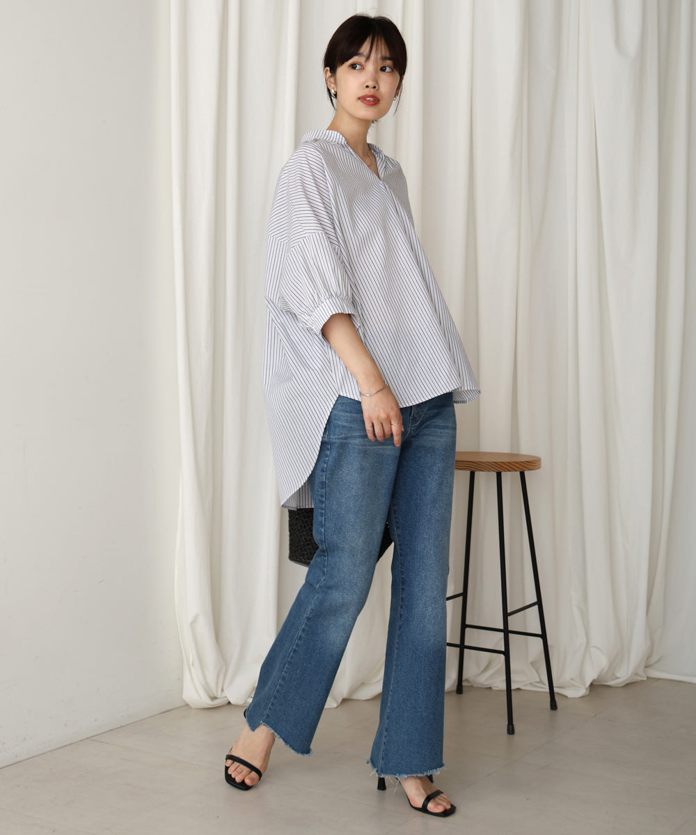 バックギャザー5分袖トップス