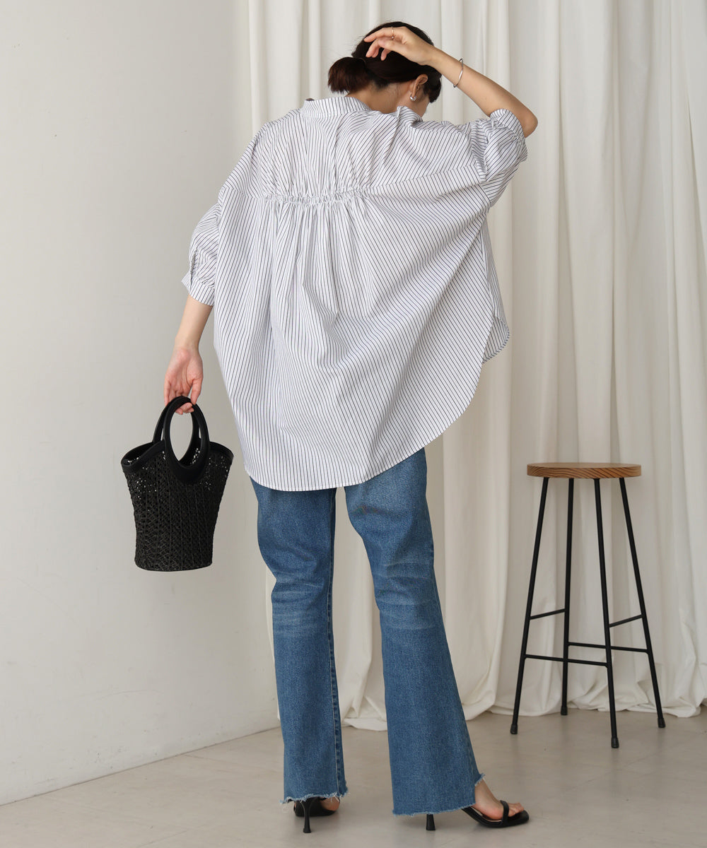 バックギャザー5分袖トップス