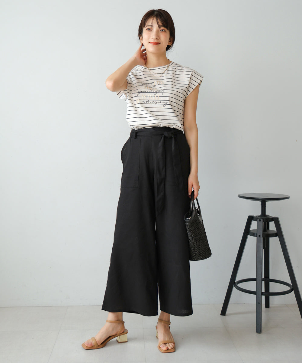 ウエストベルトリネンワイドパンツ