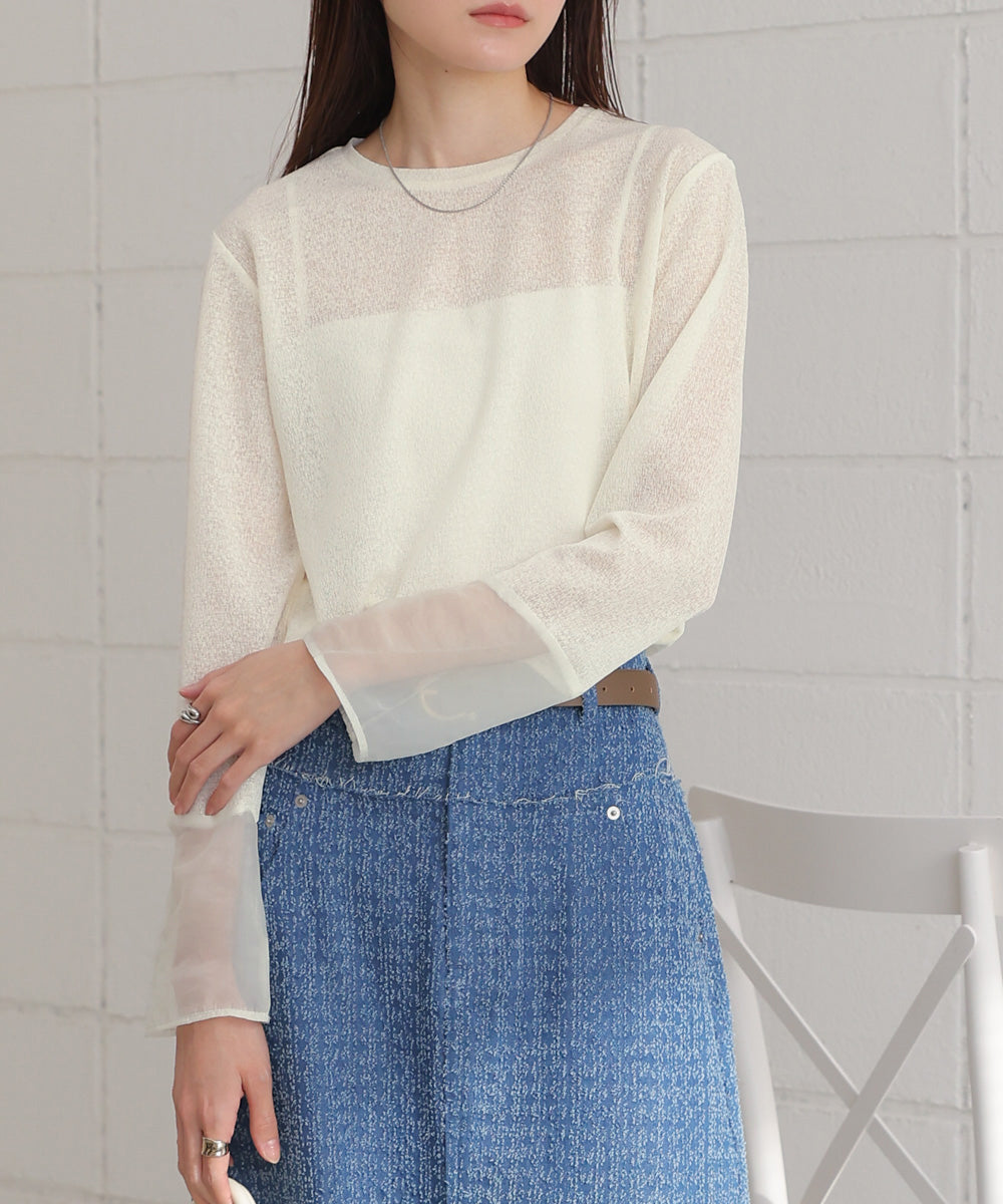 袖シアーラメベーシックカットソートップス