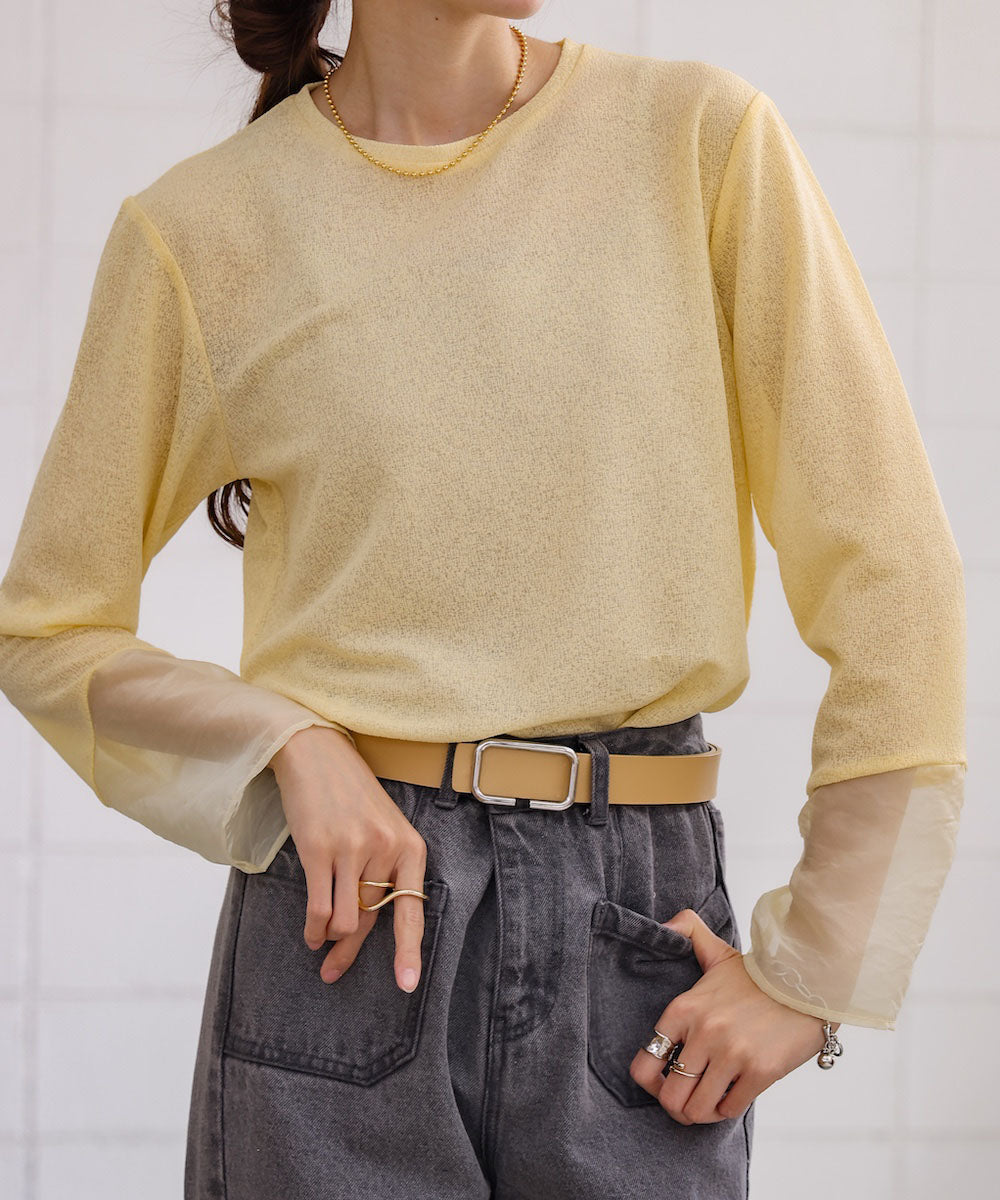 袖シアーラメベーシックカットソートップス