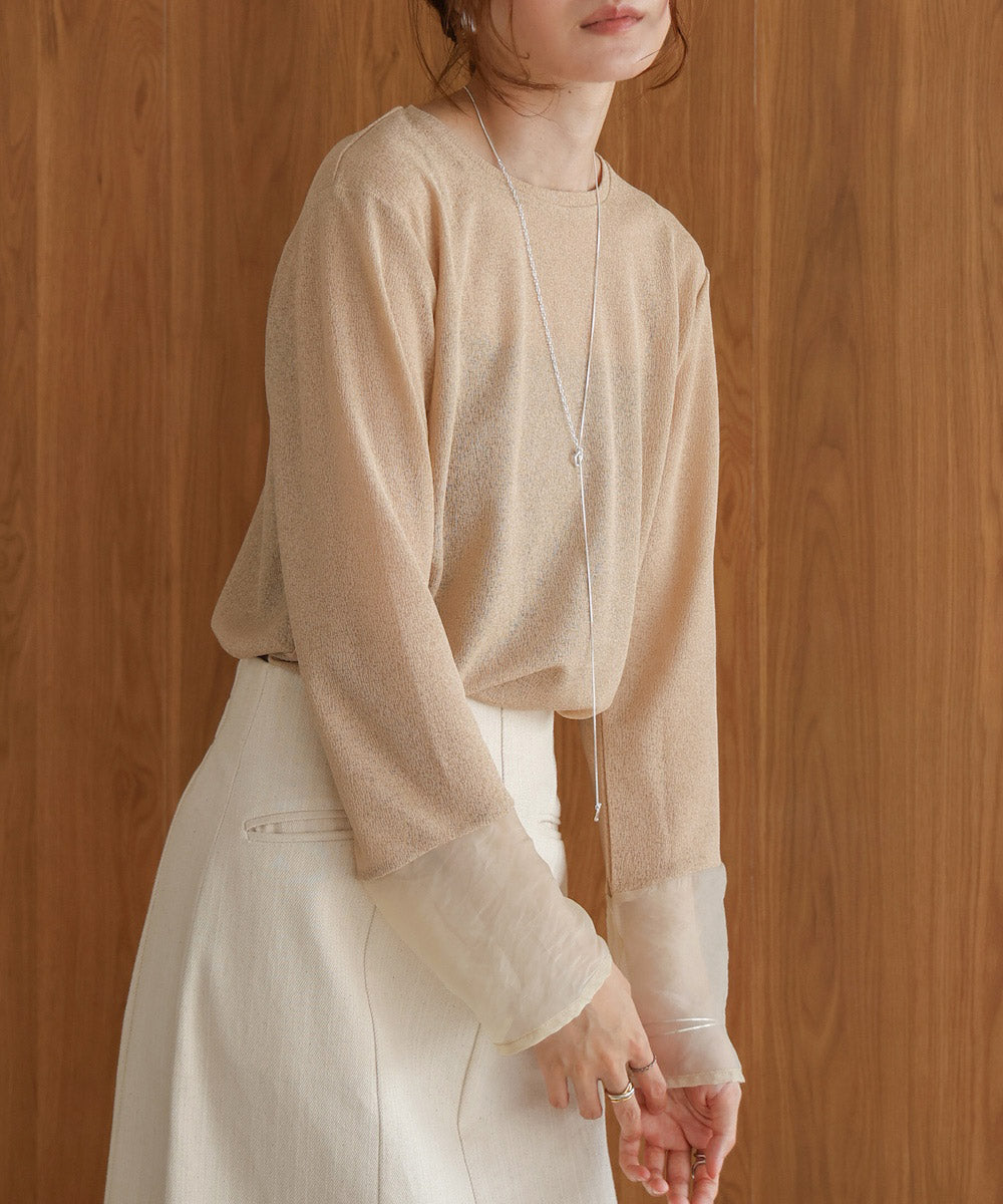 袖シアーラメベーシックカットソートップス