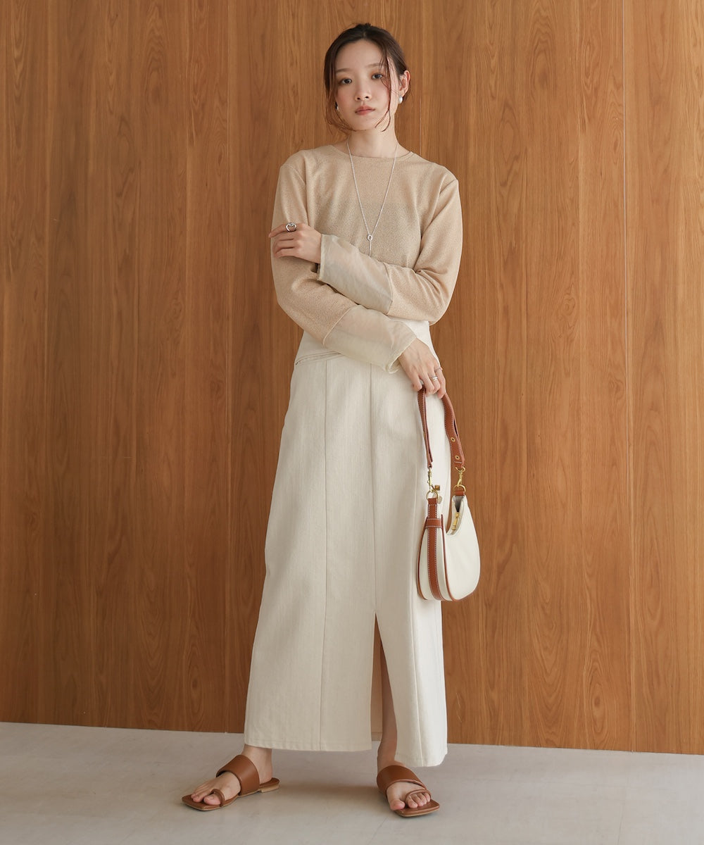 袖シアーラメベーシックカットソートップス