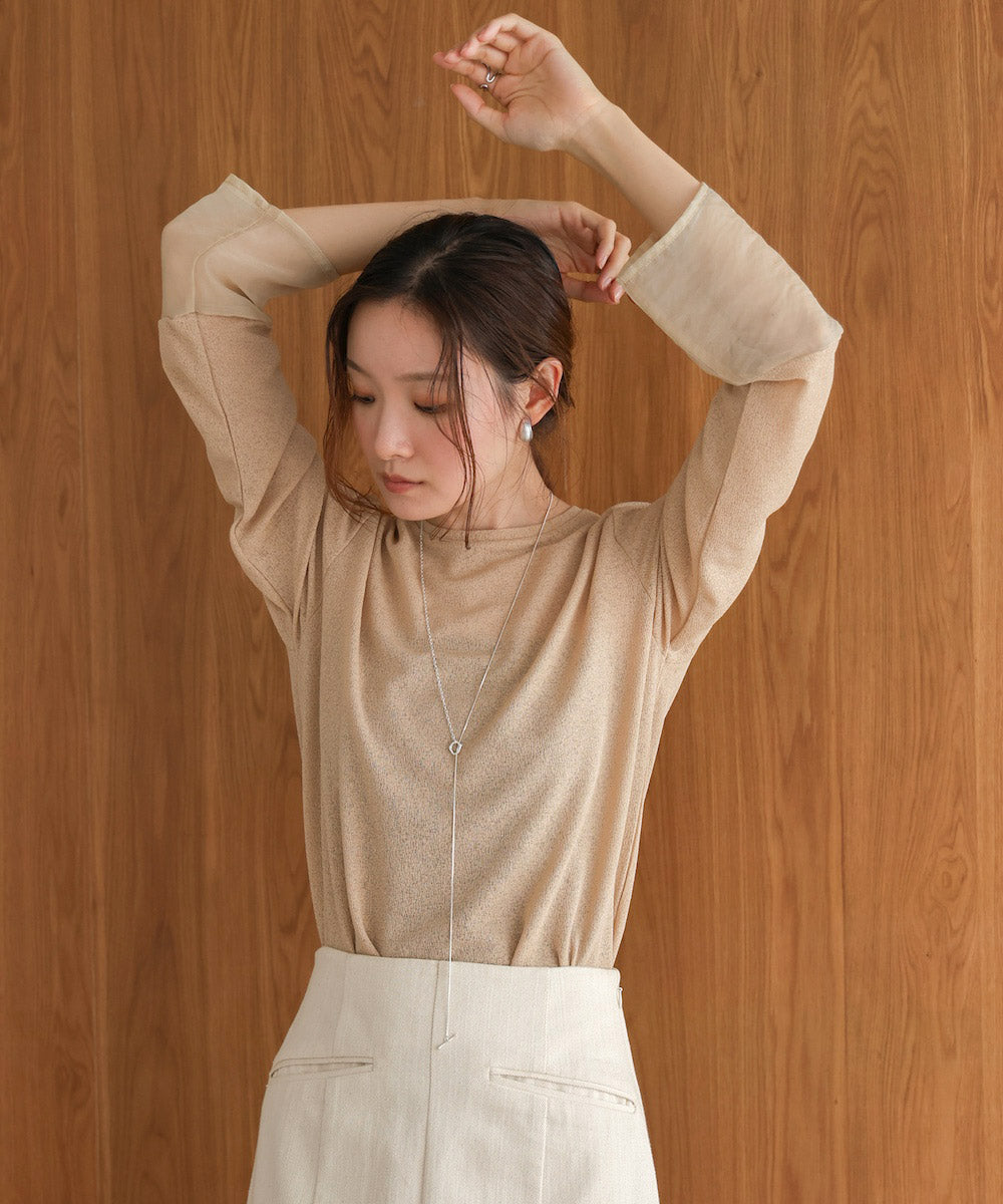 袖シアーラメベーシックカットソートップス